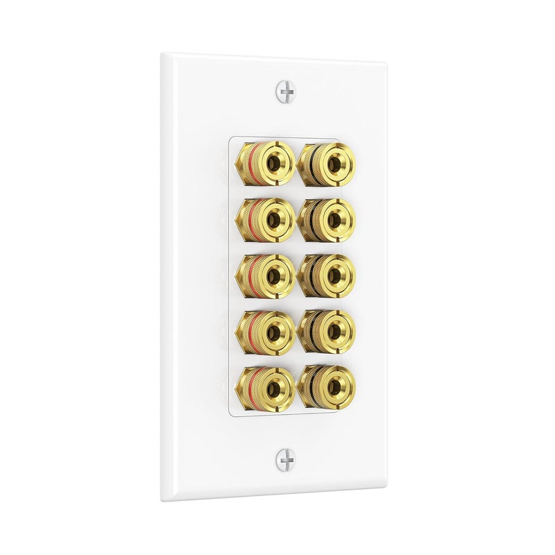 Cable Matters Speaker Wire Wall Plate, Gold Plated Speaker Wall Plate with Banana Plug Binding Post for 5 Speakers, White - Image 1