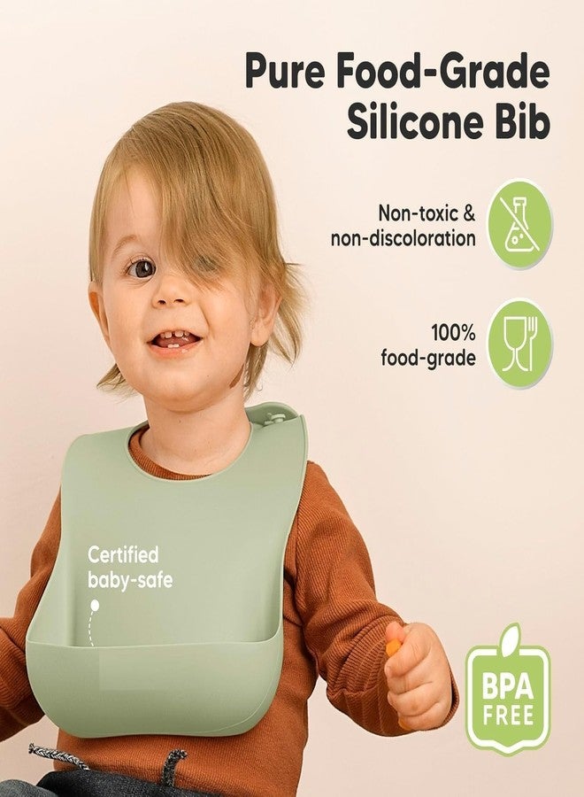 SGMVK Silicone Baby Bib for Babies & Toddlers 6–36 Months, Waterproof BPA Free Feeding Bib with Adjustable Neck Strap, Food Catcher Pocket, Soft Washable Reusable Bib for Boys & Girls (BIB GREEN) - Image 2