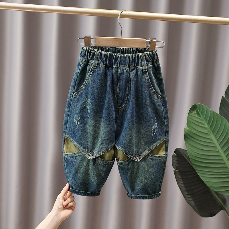 Boys' Pants Children'S Jeans Retro Washed Autumn New Ripped Stitching Denim Trousers Large, Medium And Small Children'S Clothing - Image 5