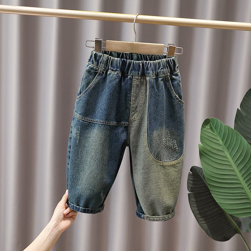 Boys' Pants Children'S Jeans Retro Washed Autumn New Ripped Stitching Denim Trousers Large, Medium And Small Children'S Clothing - Image 3