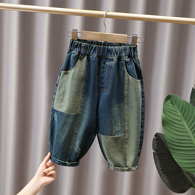 Boys' Pants Children'S Jeans Retro Washed Autumn New Ripped Stitching Denim Trousers Large, Medium And Small Children'S Clothing - Image 1
