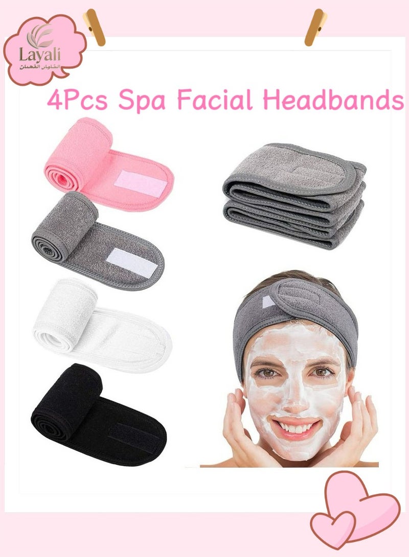 ليالي 4 قطع أربطة رأس سبا للوجه باللون الأبيض والأسود والرمادي والوردي - قماش تيري، قابل للتمدد - Image 1