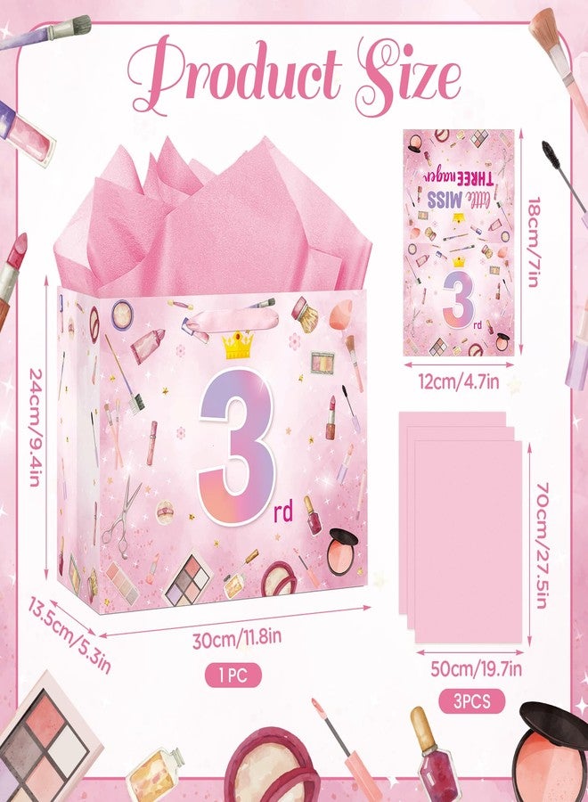 LUUFILx 3rd Birthday Gift Bags for Girls Little Miss 3 nager Happy Birthday Wrapping Tissue Papers Pink Makeup Gift Bag with Greeting Card 3 Year Old Makeup Theme Party Decorations Supplies - Image 4