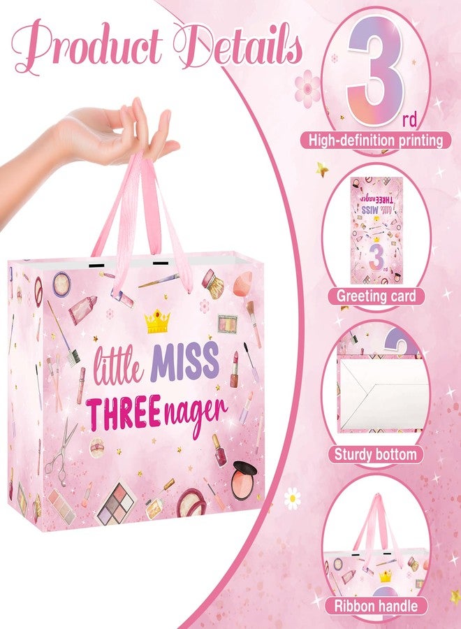 LUUFILx 3rd Birthday Gift Bags for Girls Little Miss 3 nager Happy Birthday Wrapping Tissue Papers Pink Makeup Gift Bag with Greeting Card 3 Year Old Makeup Theme Party Decorations Supplies - Image 5