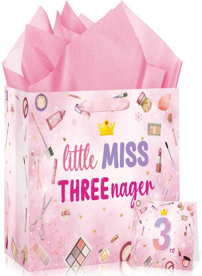 LUUFILx 3rd Birthday Gift Bags for Girls Little Miss 3 nager Happy Birthday Wrapping Tissue Papers Pink Makeup Gift Bag with Greeting Card 3 Year Old Makeup Theme Party Decorations Supplies - Image 1