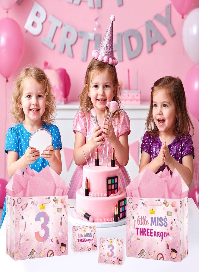 LUUFILx 3rd Birthday Gift Bags for Girls Little Miss 3 nager Happy Birthday Wrapping Tissue Papers Pink Makeup Gift Bag with Greeting Card 3 Year Old Makeup Theme Party Decorations Supplies - Image 2