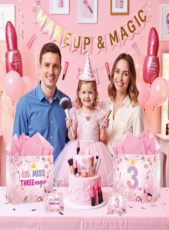LUUFILx 3rd Birthday Gift Bags for Girls Little Miss 3 nager Happy Birthday Wrapping Tissue Papers Pink Makeup Gift Bag with Greeting Card 3 Year Old Makeup Theme Party Decorations Supplies - Image 3