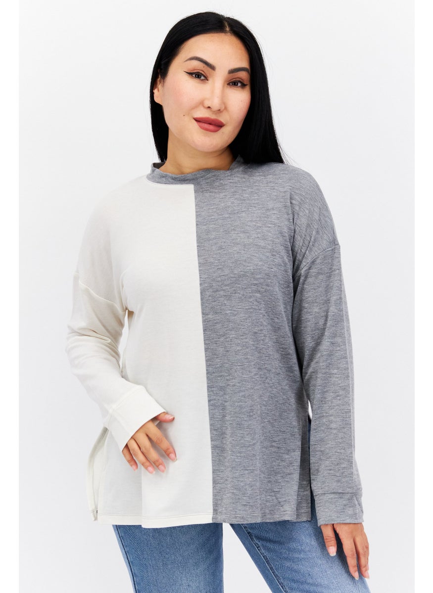 Women Round Neck Long Sleeve Two-Toned Blouse, Grey - pzsku/Z67933D81FE80A96BC05EZ/45/_/1732780813/e5218c1e-0473-4a97-89a7-b70a58e7ce6f