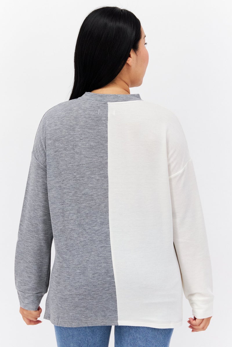 Refinery29 بلوزة نسائية بأكمام طويلة وياقة دائرية بتدرجات لونية، رمادي - Image 4