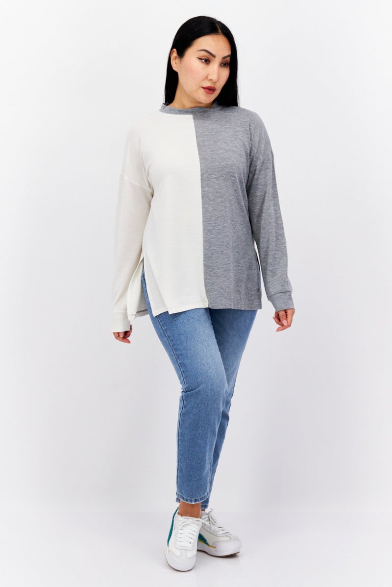 Refinery29 Women Round Neck Long Sleeve Two-Toned Blouse, Grey - Image 2