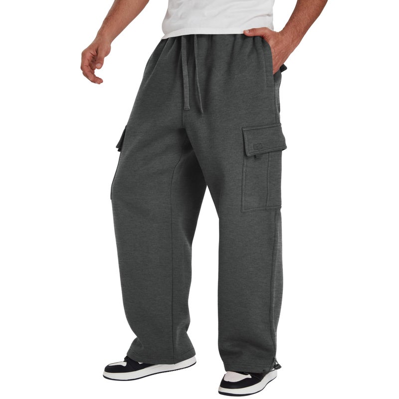 LETAOTAO Mens Heavyweight Fleece Cargo Sweatpants - Baggy Fit Thick Cotton-Blend Fleece Cargo Pants with Adjustable Ankle Drawstring (Charcoal, L) - Image 3