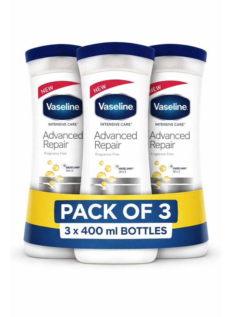 Vaseline Intensive Care Advanced Repair Body Lotion Pack of 3, Fragrance Free Moisturizer for Dry to Very Dry Skin, Deep Hydration Formula with Micro Droplets of Vaseline Jelly, Fast Absorbing Non-Greasy Daily Body Lotion, Long Lasting Moisture Care, 400ml Each Bottle - Image 1
