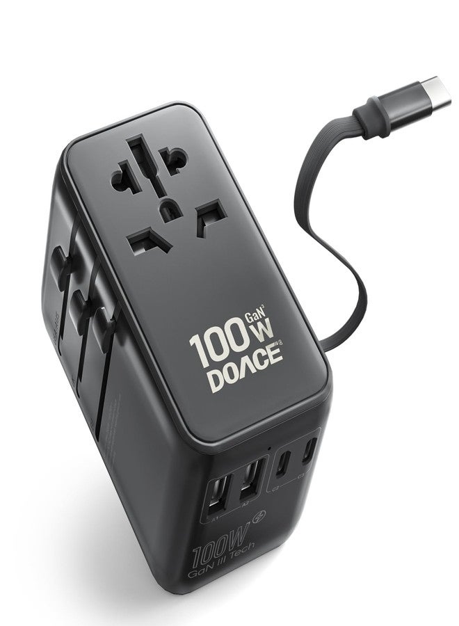 DOACE Universal Travel Adapter, 100W GaN 3.0 European Travel Plug Adapter with Built-in USB-C Cable, 6 in 1 International Power Adapter with 5 USB Ports for EU/UK/USA/AUS(Black) - Image 1