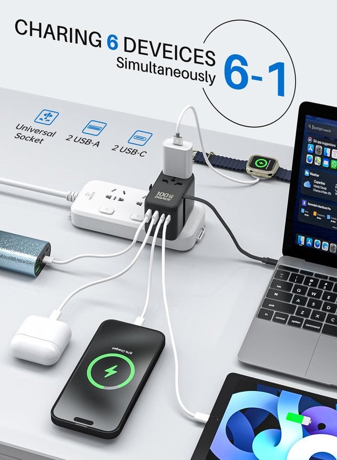 DOACE Universal Travel Adapter, 100W GaN 3.0 European Travel Plug Adapter with Built-in USB-C Cable, 6 in 1 International Power Adapter with 5 USB Ports for EU/UK/USA/AUS(Black) - Image 3