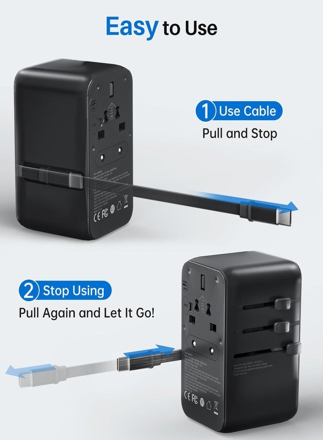 DOACE Universal Travel Adapter, 100W GaN 3.0 European Travel Plug Adapter with Built-in USB-C Cable, 6 in 1 International Power Adapter with 5 USB Ports for EU/UK/USA/AUS(Black) - Image 5