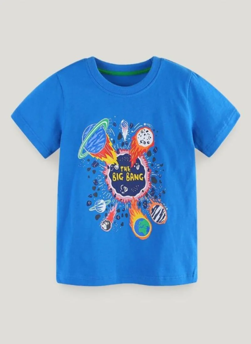 YUNIQEE Blue Printed Solid Round Neck Cotton T-shirt