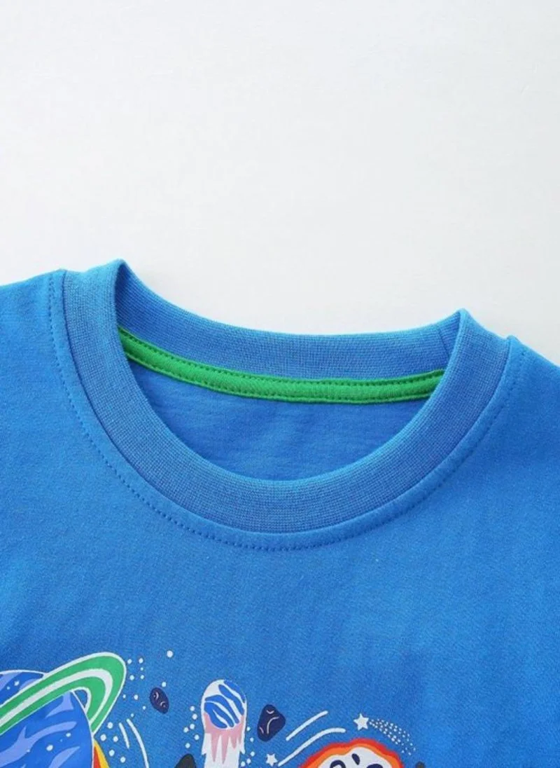 يونيكي Blue Printed Solid Round Neck Cotton T-shirt