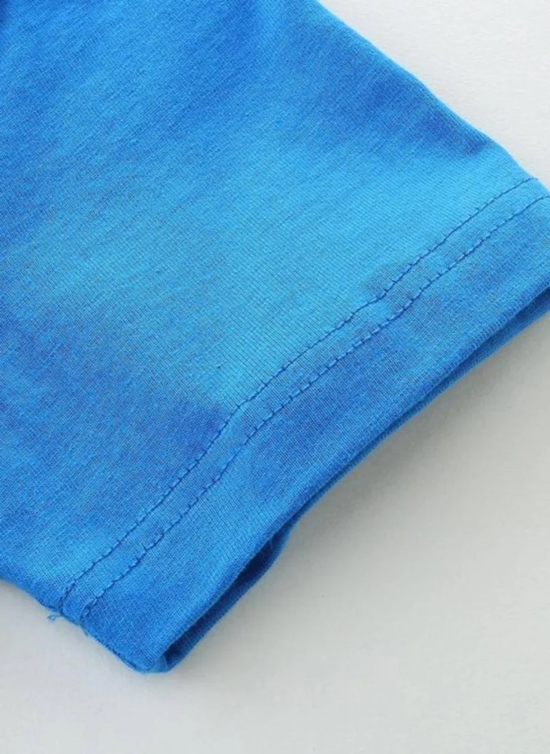 يونيكي Blue Printed Solid Round Neck Cotton T-shirt