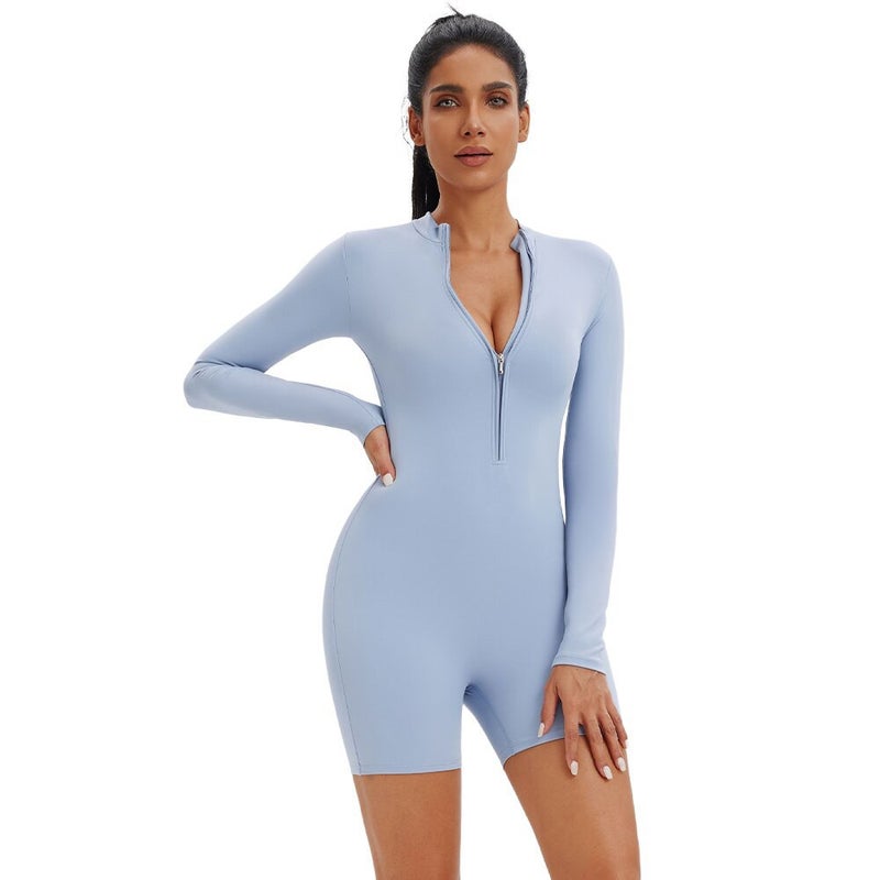 Womens Sports Bodysuit High-elastic Slimming Hip-lifting Yoga Suit Long-sleeved Training Fitness One-piece Zipper Bodysuit Haze blue  - Image 1