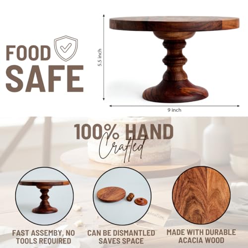 SAAGA Round Birch Wooden Cake Stand | 9 x 5.5 Inch Dessert & Pizza Serving Platter | Premium Tabletop Display Stand – Brown - Image 2