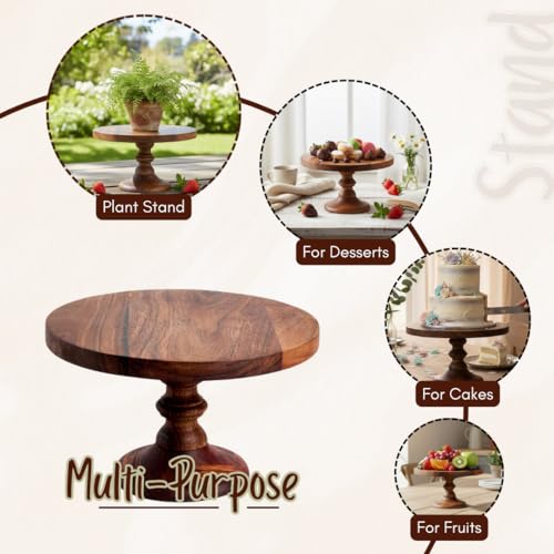 SAAGA Round Birch Wooden Cake Stand | 9 x 5.5 Inch Dessert & Pizza Serving Platter | Premium Tabletop Display Stand – Brown - Image 4