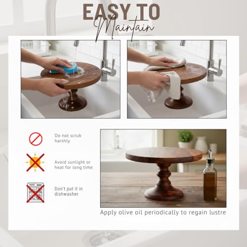 SAAGA Round Birch Wooden Cake Stand | 9 x 5.5 Inch Dessert & Pizza Serving Platter | Premium Tabletop Display Stand – Brown - Image 3