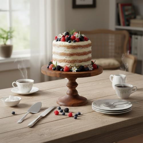SAAGA Round Birch Wooden Cake Stand | 9 x 5.5 Inch Dessert & Pizza Serving Platter | Premium Tabletop Display Stand – Brown - Image 1