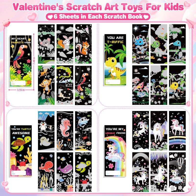 ShyLizard 24 Packs Valentines Day Gifts for Kids with Scratch Art Books, Rainbow Scratch Art Paper Set, Ideal Kids Valentines Day Cards Classroom Exchange Prizes Supplies Party Favor - Image 5