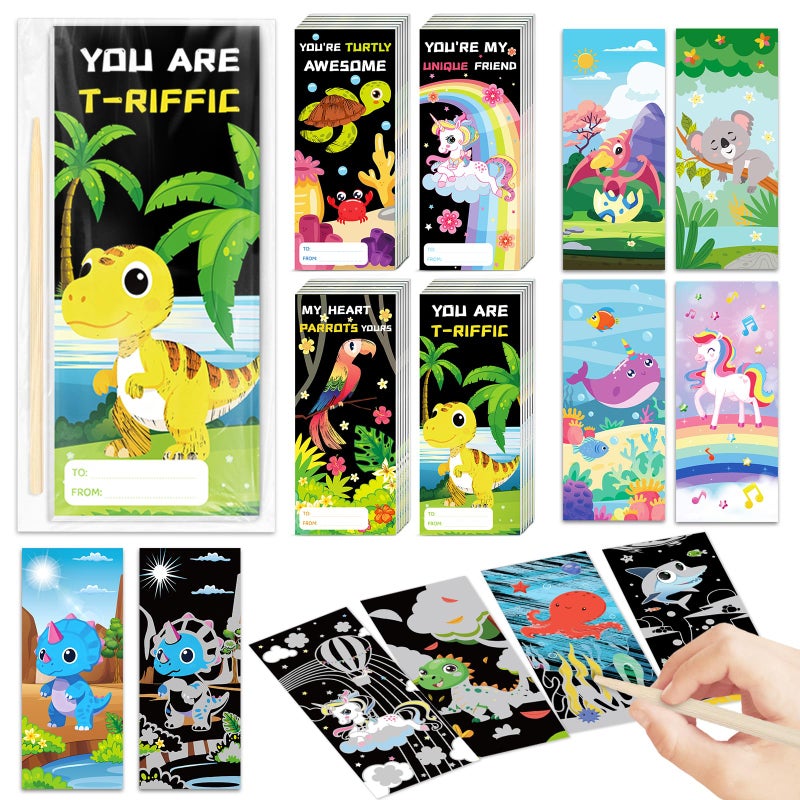 ShyLizard 24 Packs Valentines Day Gifts for Kids with Scratch Art Books, Rainbow Scratch Art Paper Set, Ideal Kids Valentines Day Cards Classroom Exchange Prizes Supplies Party Favor - Image 1