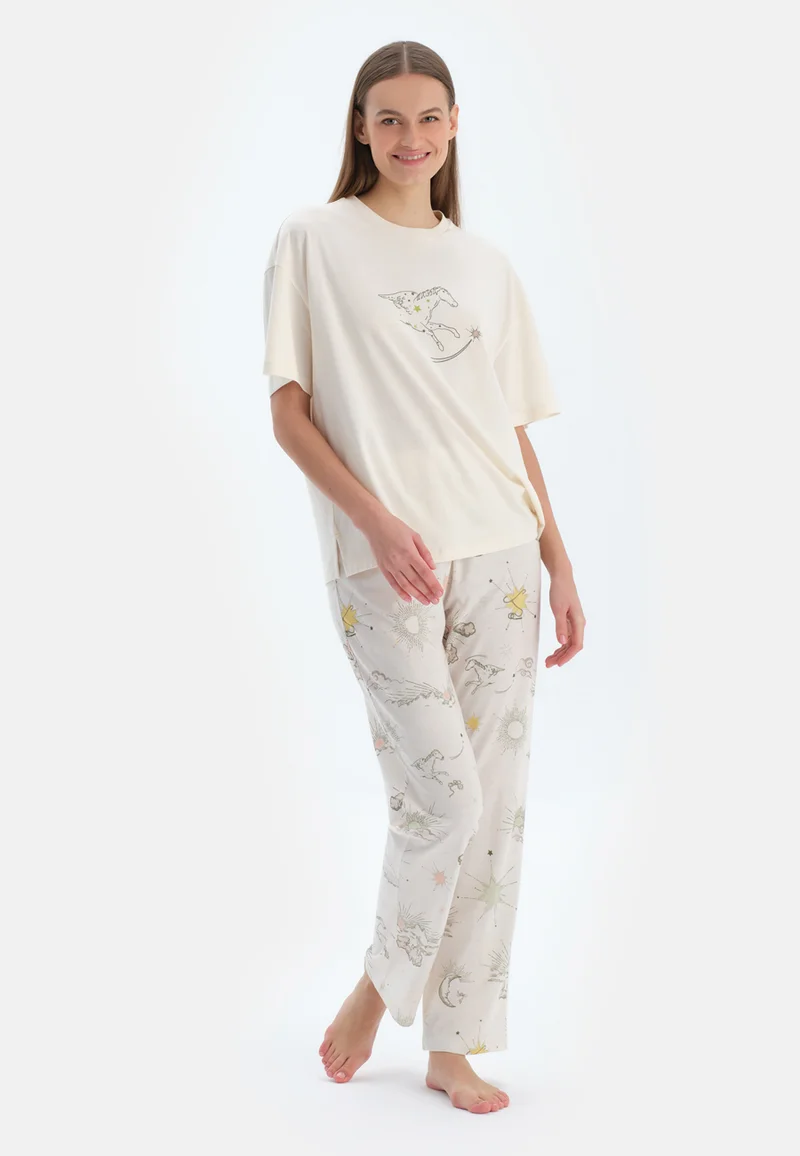 dagi Animal Print Regular/Classic Fit T-shirt & Trousers Pajama Sets Crew Neck Cotton Blend Sleepwear