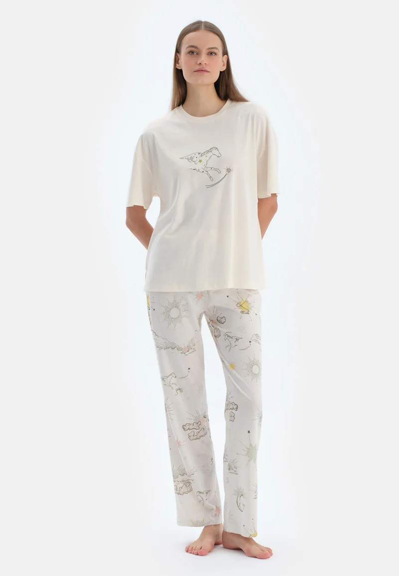 Animal Print Regular/Classic Fit T-shirt & Trousers Pajama Sets Crew Neck Cotton Blend Sleepwear