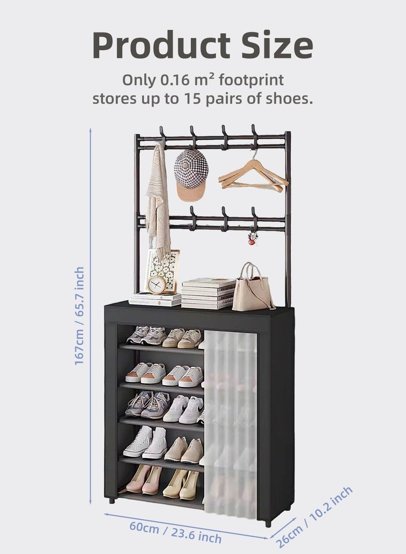 خزانة أحذية ذات 6 طبقات مع خطافات، منظم أحذية للمدخل مع قضيب تعليق وستارة مقاومة للغبار، خزانة تخزين أحذية عمودية مع رف علوي، رف أحذية متعدد الطبقات للمدخل والممر وغرفة النوم - Image 4