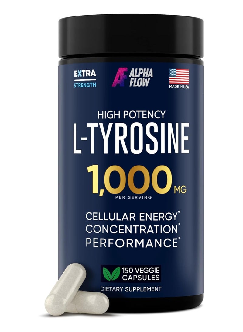 ALPHA FLOW L Tyrosine 1000Mg Capsules - All-Natural L- Tyrosine Supplement For Focus And Energy Boost - Non-Gmo And Gluten-Free - Vegan 150 Caps -500Mg X 2 Per Serving View On Noon - Image 1