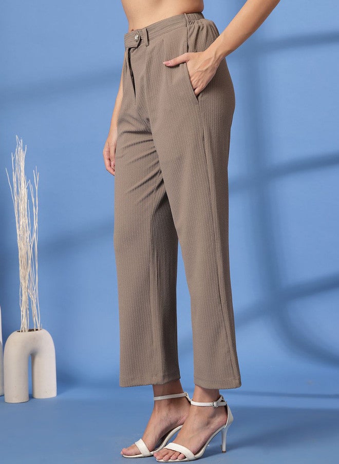 PlusS Beige Regular Fit Pleated Trousers for Women - Image 3