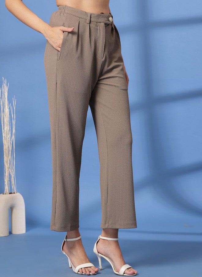 PlusS Beige Regular Fit Pleated Trousers for Women - Image 2