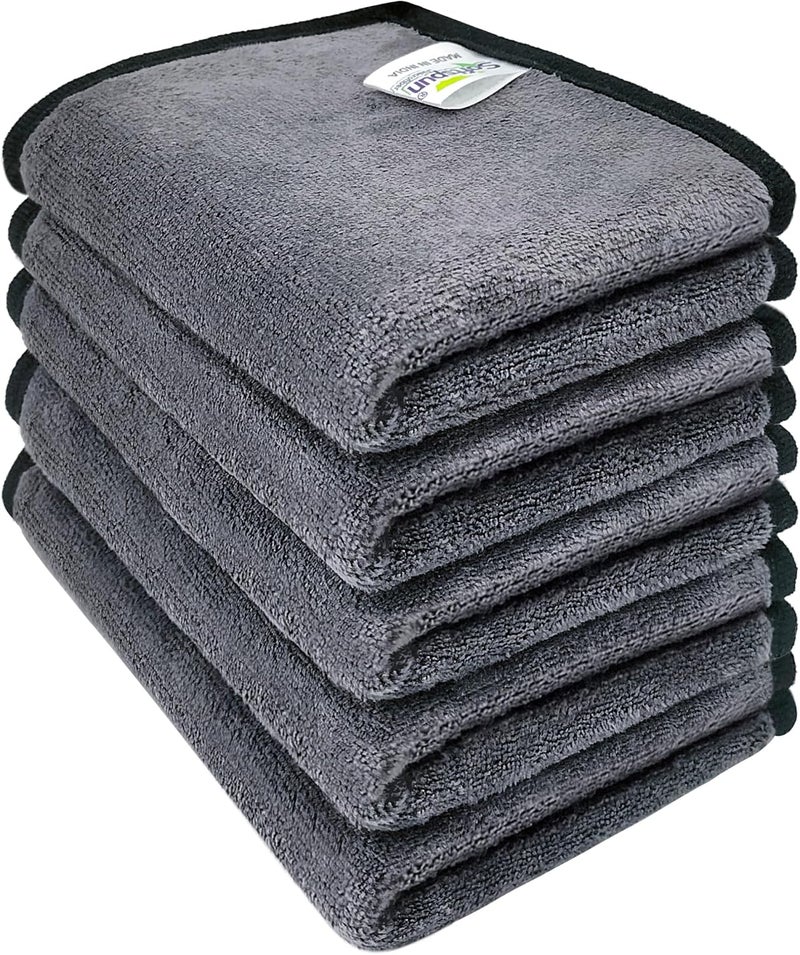 مناديل SOFTSPUN صغيرة فائقة الامتصاص من الألياف الدقيقة، 500 GSM 20x30 سم 5 قطع رمادي! مجموعة مناشف بحافة حريرية سميكة إضافية من الألياف ال��قيقة مثالية للدراجات. - Image 1