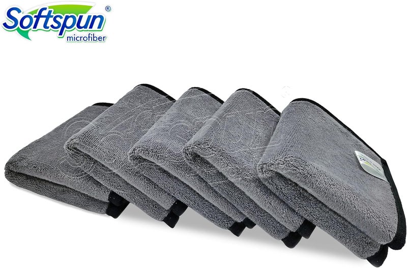 مناديل SOFTSPUN صغيرة فائقة الامتصاص من الألياف الدقيقة، 500 GSM 20x30 سم 5 قطع رمادي! مجموعة مناشف بحافة حريرية سميكة إضافية من الألياف ال��قيقة مثالية للدراجات. - Image 2