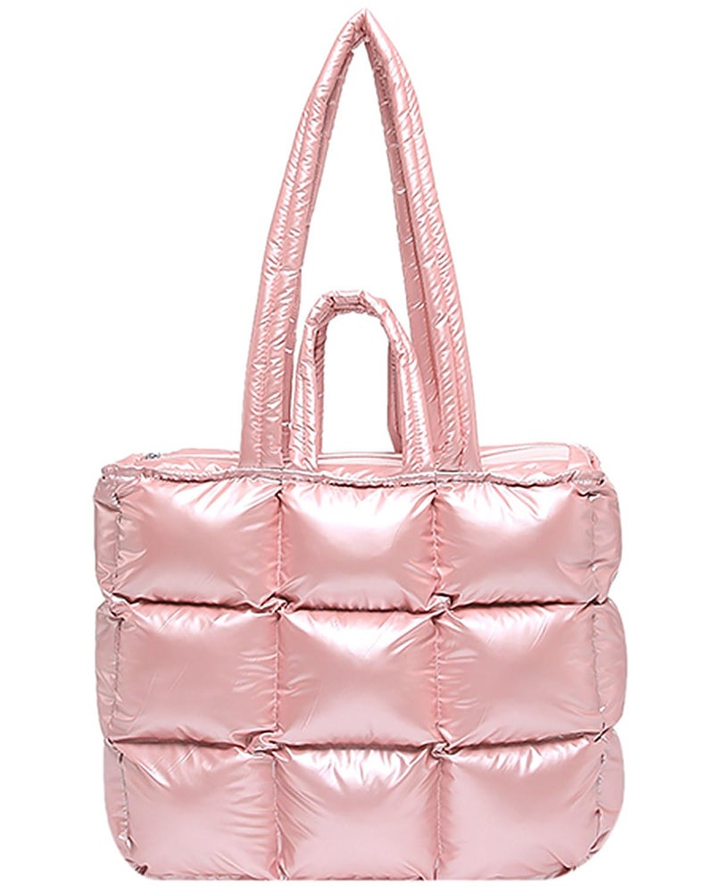 Bagtopia Puffer Tote Bag for Women, Large Quilted Puffy Handbag, Stylish Quilted Shoulder Bag, Lightweight Fluffy Satchel Purse for Work Travel Gym Shopping Daily Use, Pink - Image 1
