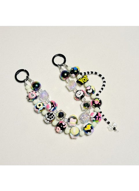 Mobile Phone Chain Double Chain Hand-painted Beads Diamond Beads Key Pendant Bag Pendant Handmade Beads Little Red Book Same Key Chain-Specifications:Black