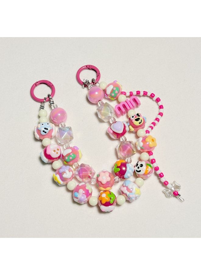 Generic - Mobile Phone Chain Double Chain Hand-painted Beads Diamond Beads Key Pendant Bag Pendant Handmade Beads Little Red Book Same Key Chain-Specifications:Black - Image 1