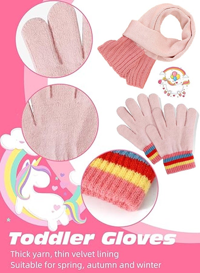 CMGTYYD. طقم ملابس محبوك مريح بطبعة كرتونية على شكل وحيد القرن (3 قطع) للفتيات - قبعة ووشاح وقفازات وردية لطيفة للشتاء - Image 3