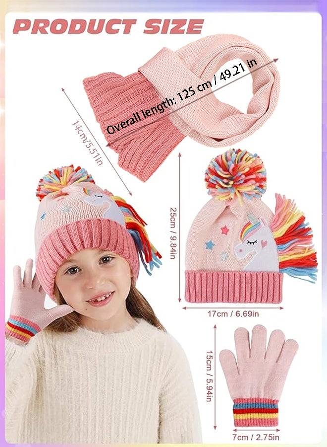 CMGTYYD. طقم ملابس محبوك مريح بطبعة كرتونية على شكل وحيد القرن (3 قطع) للفتيات - قبعة ووشاح وقفازات وردية لطيفة للشتاء - Image 4