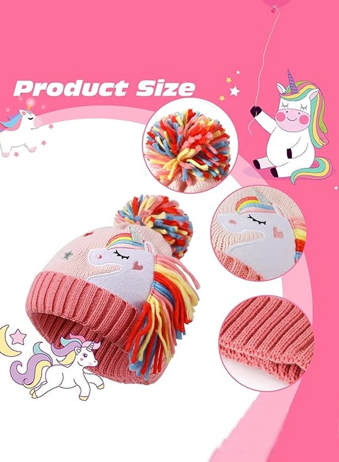 CMGTYYD. طقم ملابس محبوك مريح بطبعة كرتونية على شكل وحيد القرن (3 قطع) للفتيات - قبعة ووشاح وقفازات وردية لطيفة للشتاء - Image 2