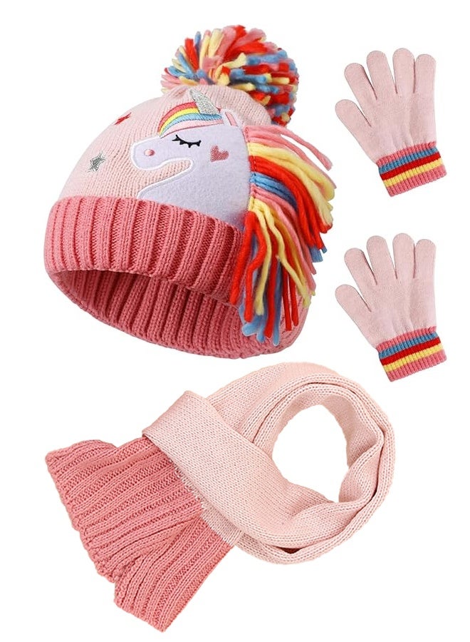 CMGTYYD. طقم ملابس محبوك مريح بطبعة كرتونية على شكل وحيد القرن (3 قطع) للفتيات - قبعة ووشاح وقفازات وردية لطيفة للشتاء - Image 1