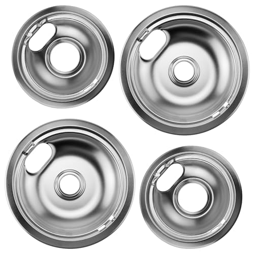 Pulluty W10196406 and W10196405 Chrome Stove Burner Drip Pan Set for Whirlpool Amana Maytag Magic-Chef Kenmore Electric Range with Locking Slot, Includes 2 6-Inch and 2 8-Inch Drip Bowls - Image 1