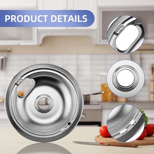 Pulluty W10196406 and W10196405 Chrome Stove Burner Drip Pan Set for Whirlpool Amana Maytag Magic-Chef Kenmore Electric Range with Locking Slot, Includes 2 6-Inch and 2 8-Inch Drip Bowls - Image 2