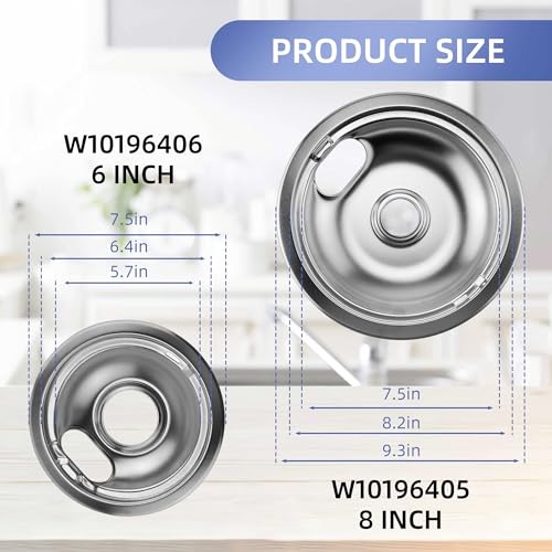 Pulluty W10196406 and W10196405 Chrome Stove Burner Drip Pan Set for Whirlpool Amana Maytag Magic-Chef Kenmore Electric Range with Locking Slot, Includes 2 6-Inch and 2 8-Inch Drip Bowls - Image 3