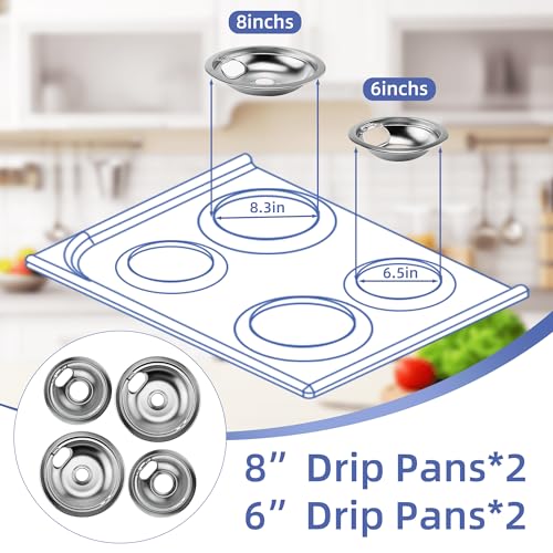 Pulluty W10196406 and W10196405 Chrome Stove Burner Drip Pan Set for Whirlpool Amana Maytag Magic-Chef Kenmore Electric Range with Locking Slot, Includes 2 6-Inch and 2 8-Inch Drip Bowls - Image 4