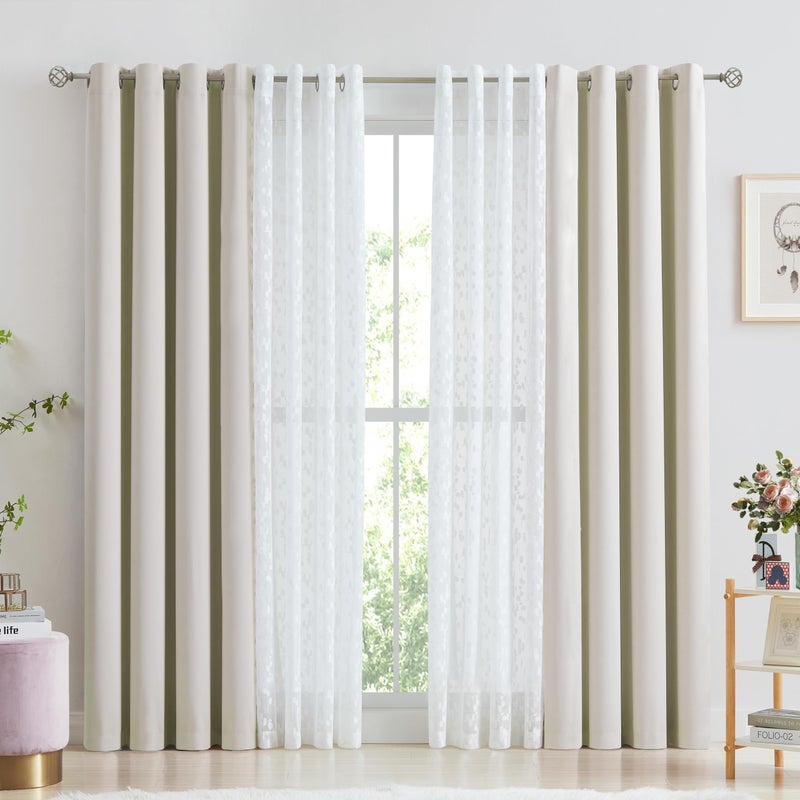 Jubilantex Mix Matched Curtains Leaf Sheer Lace 2 Panels & 2 Full Blackout Curtains Room Darkening Beige Window Treatments for Bedroom Living Room Grommet Top Design 52" W x 84" L Beige & White - Image 2