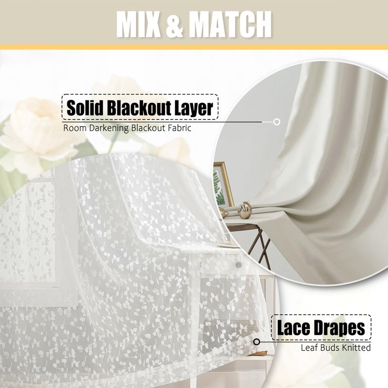 Jubilantex Mix Matched Curtains Leaf Sheer Lace 2 Panels & 2 Full Blackout Curtains Room Darkening Beige Window Treatments for Bedroom Living Room Grommet Top Design 52" W x 84" L Beige & White - Image 5